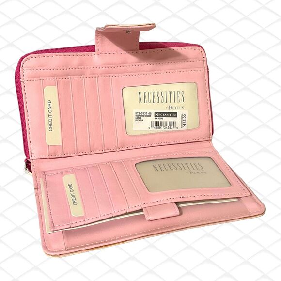 ROLFS Ladies NEW Tab Zip-Around FAUX Animal Skin Checkbook Wallet Fuchsia Pink - Picture 5 of 12
